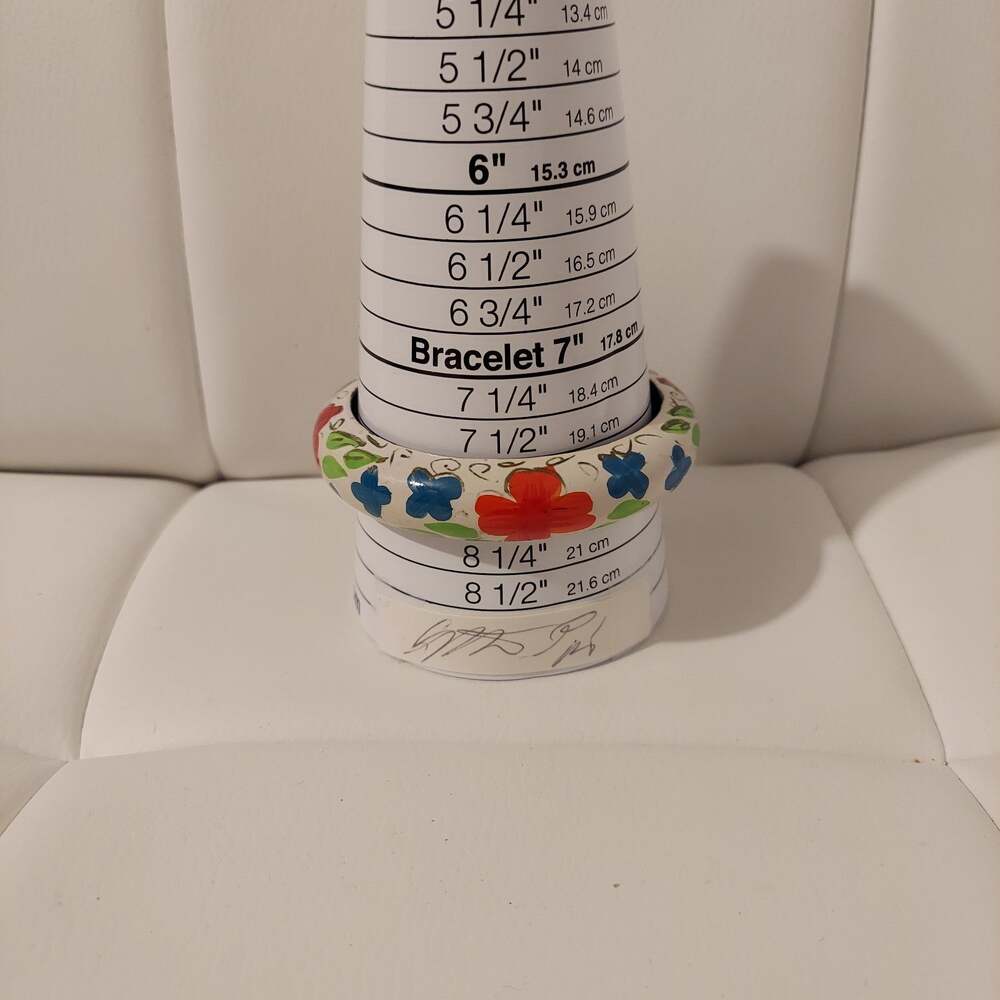 Handmade and Hand Painted White w Floral Flowers Wood Bangle 8" Bracelet
